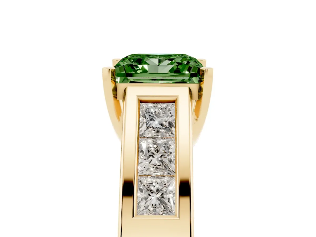 Fancy Green Princess Cut Cut Channel Set Solitaire Ring with Four-Prong Setting Yellow gold
