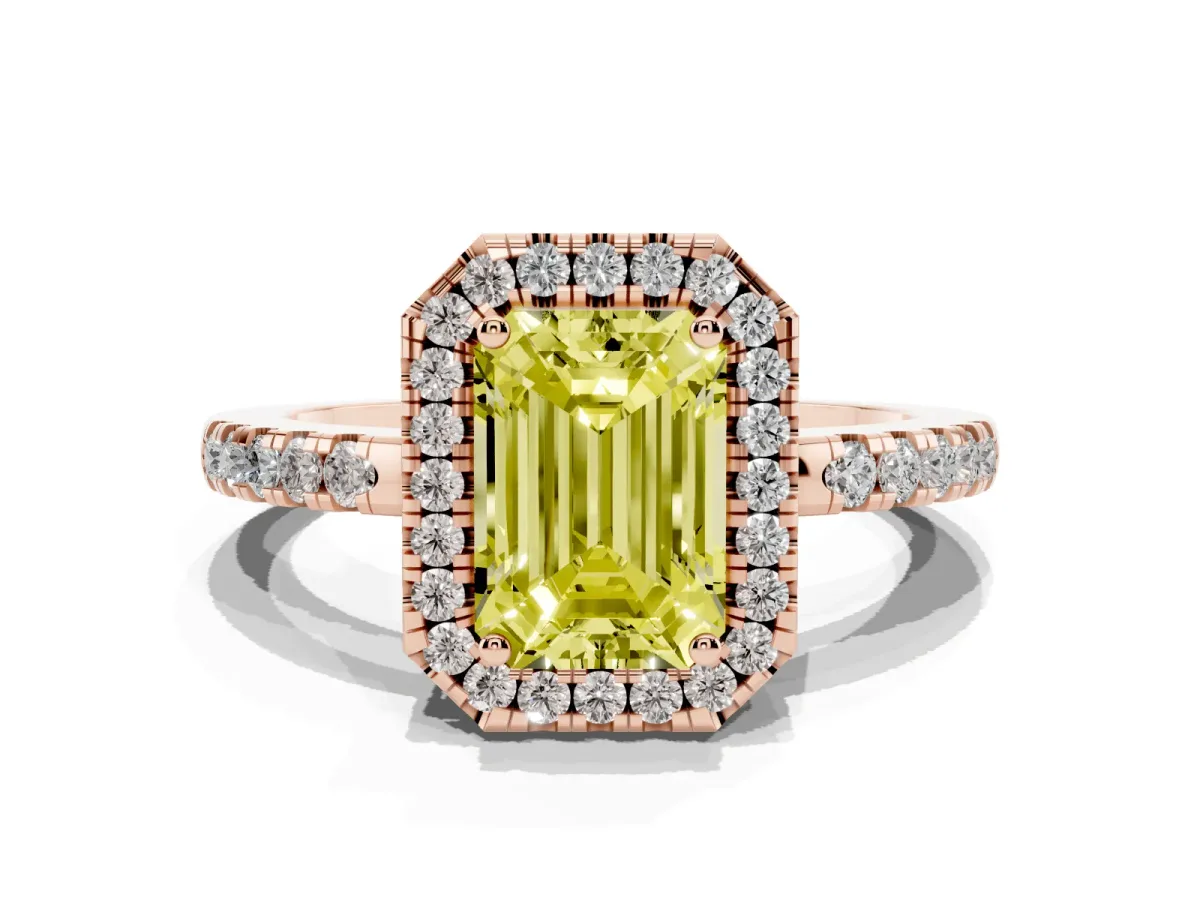 Fancy Yellow Emerald Cut Halo Diamond Engagement Ring with Pavé Band and Four-Prong Setting Rose gold