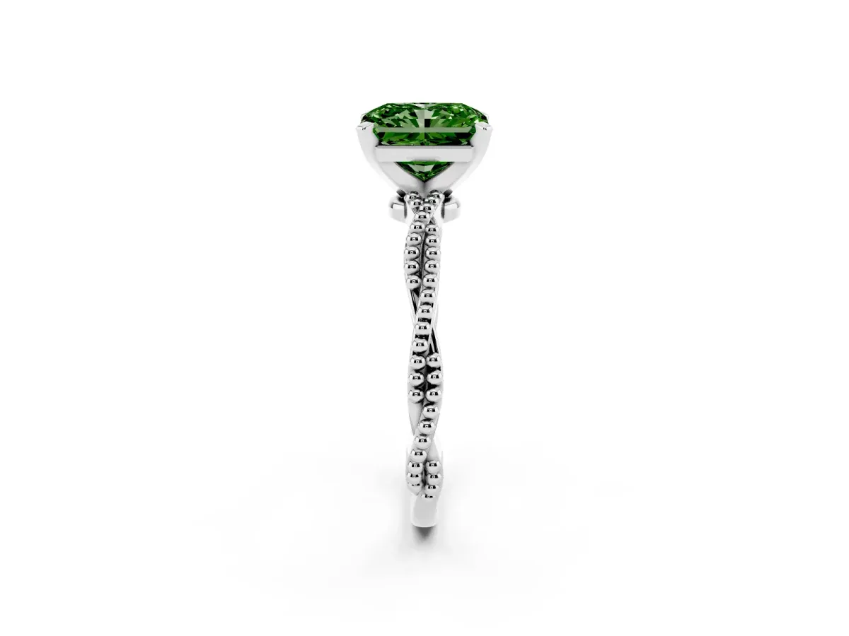 Fancy Green Radiant Cut Solitaire Twisted Band with Bead Prong Setting Silver