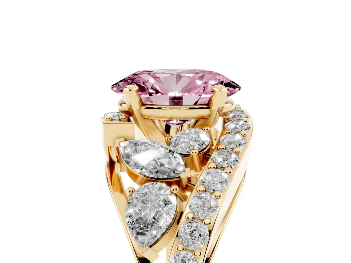 Fancy Pink Oval Cut Diamond Halo Ring with Marquise and Pavé Band in Prong Setting Yellow gold