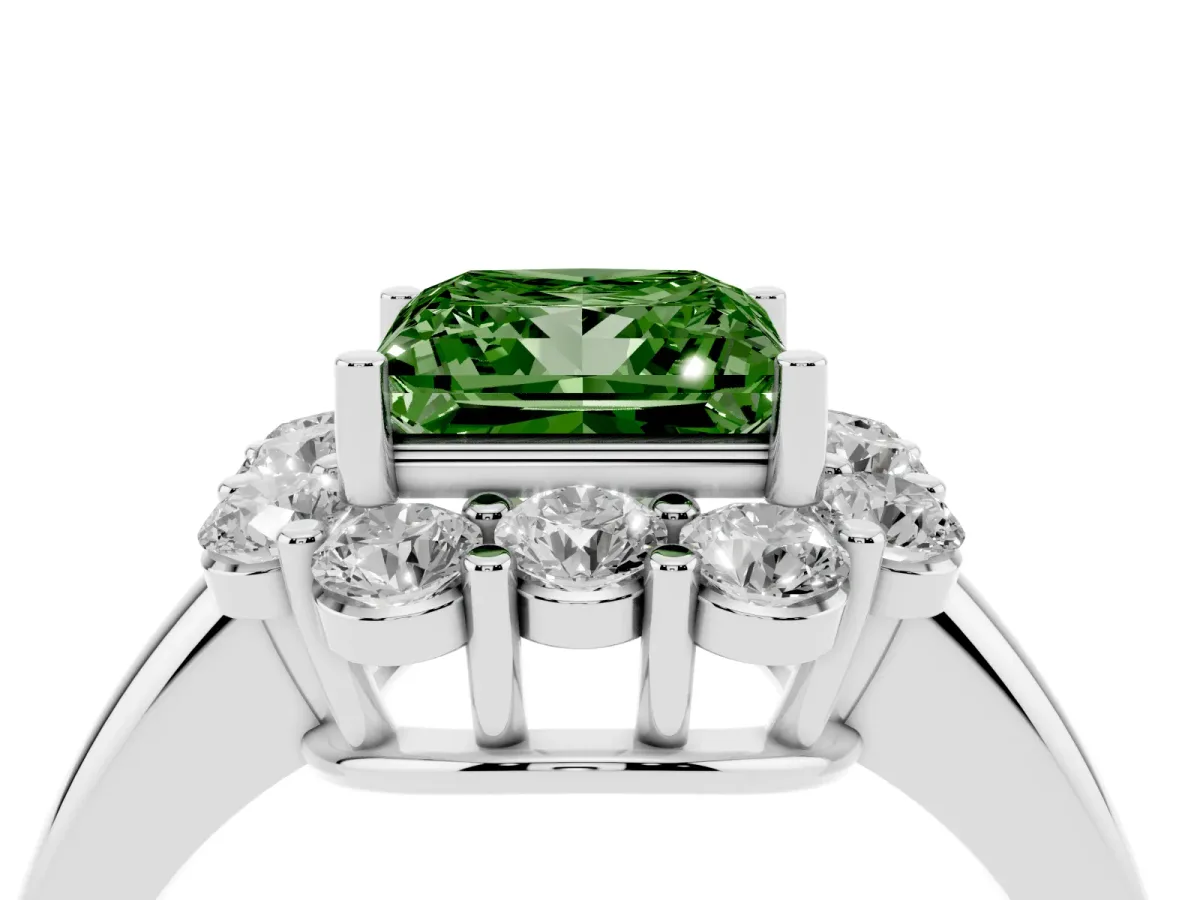 Fancy Green Princess Cut Halo Milgrain Solitaire with Bezel Set Side Stones and Pave Band Silver