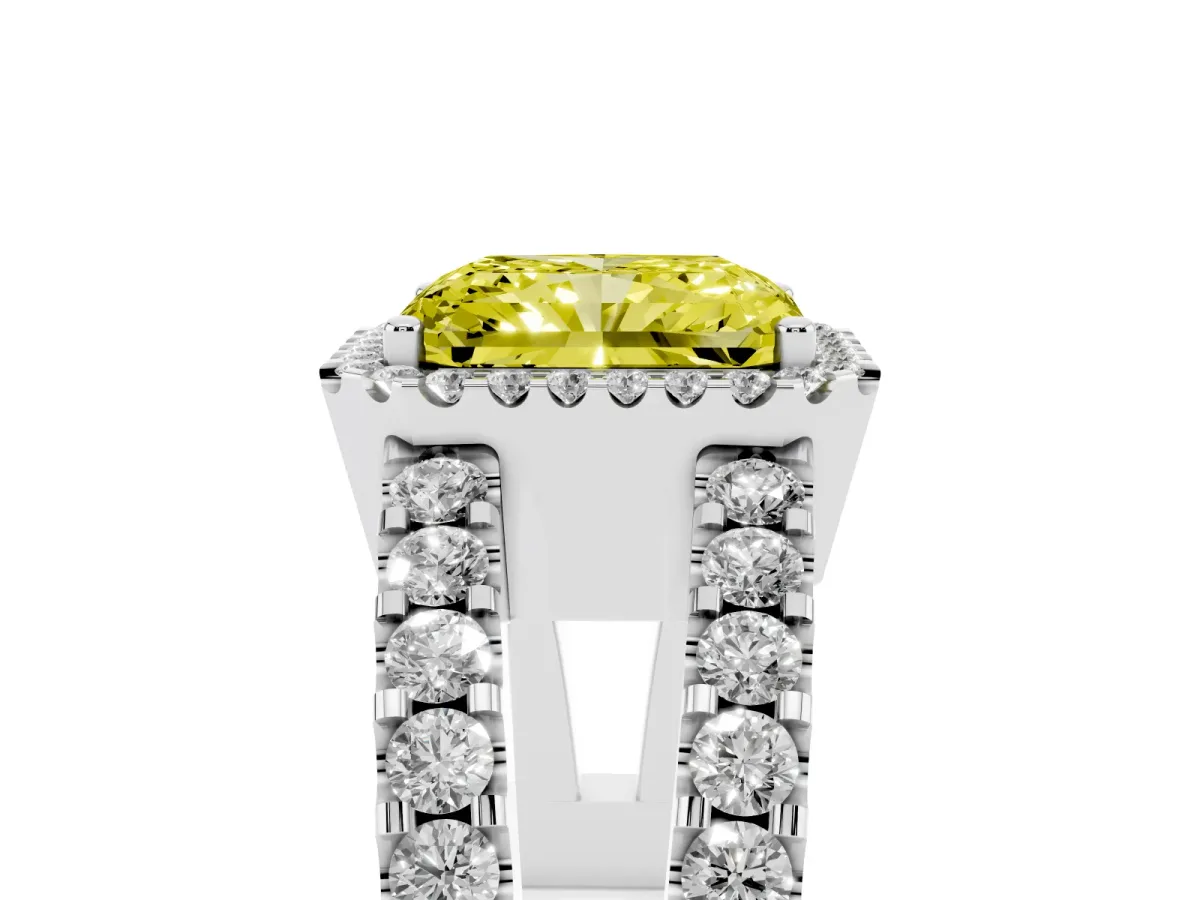 Fancy Yellow Radiant Cut Cut Halo Split Shank Diamond Ring with Four-Prong Setting Silver