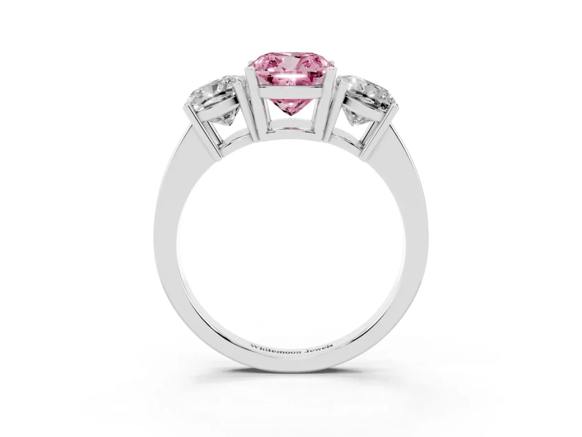Fancy Pink Three-Stone Cushion Cut Cut Diamond Engagement Ring with Flat Band and Four-Prong Setting Silver