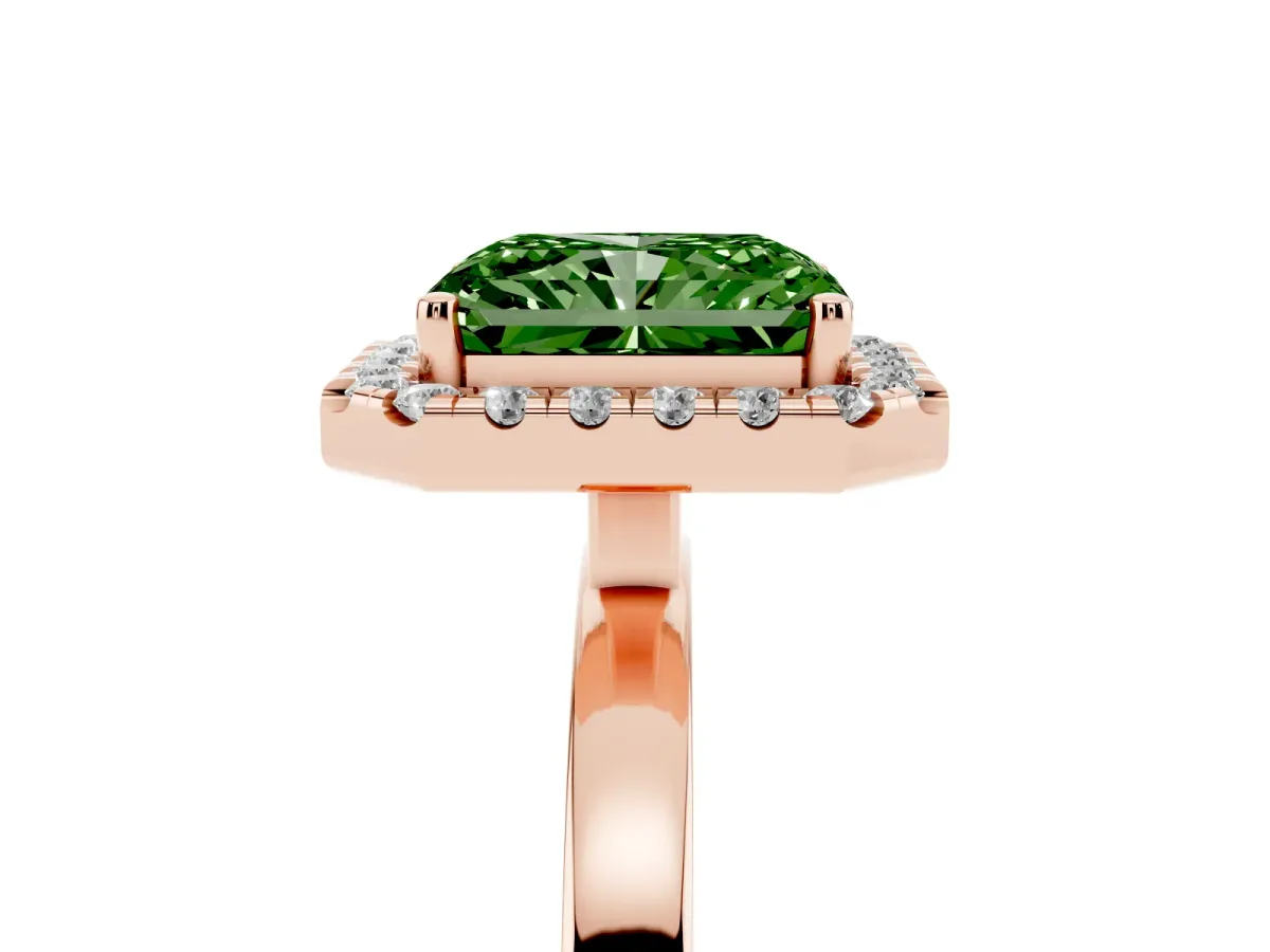 Fancy Green Radiant Cut Halo Diamond Solitaire with Pavé Band and Four-Prong Setting Rose gold