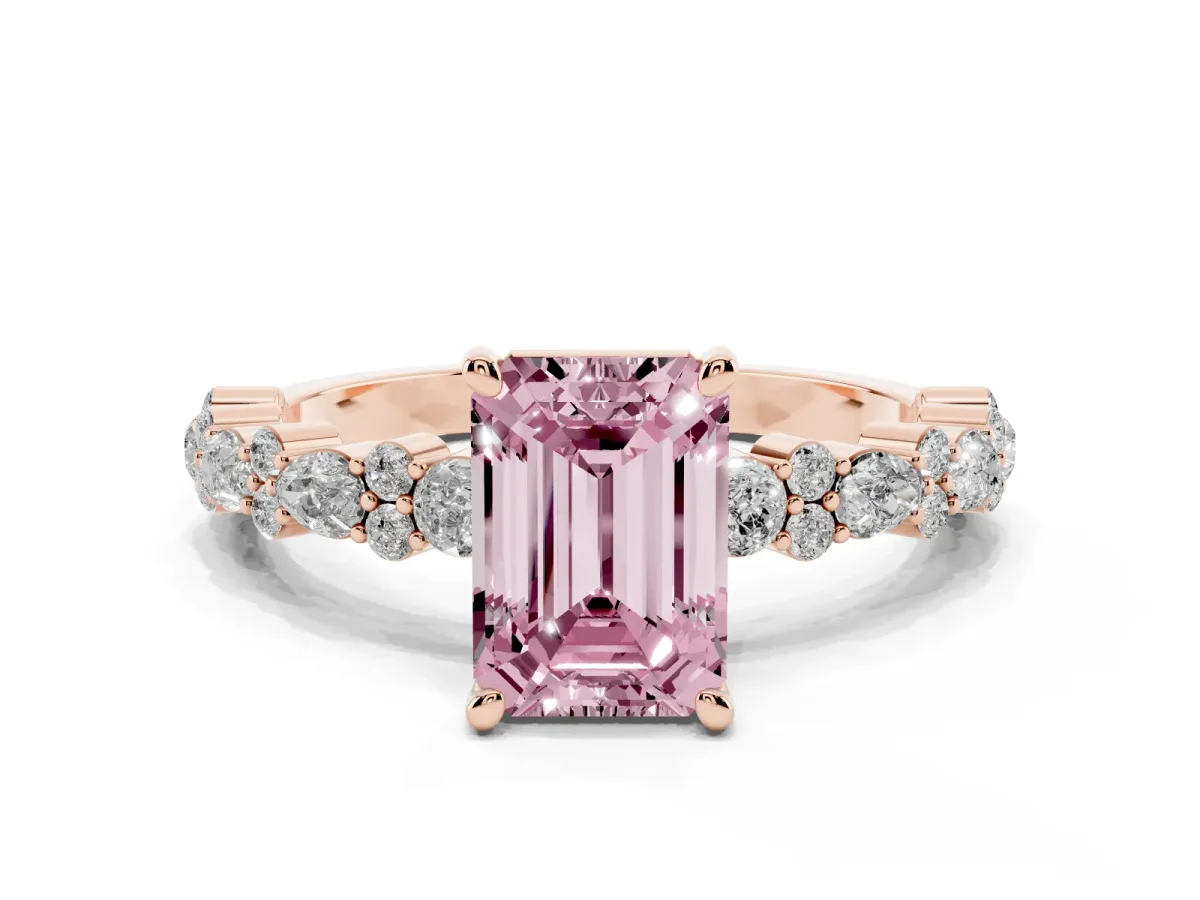Fancy Pink Emerald Cut Diamond Side Stone Solitaire Ring with Round and Four-Prong Setting Rose gold