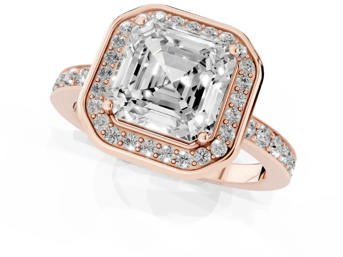 Asscher Cut Diamond Halo Ring with Bezel Frame and Pavé Band Rose gold