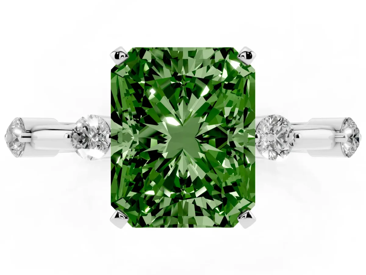 Fancy Green Radiant Cut Solitaire Diamond Ring with Bezel Set Side Stones and Prong Setting Silver