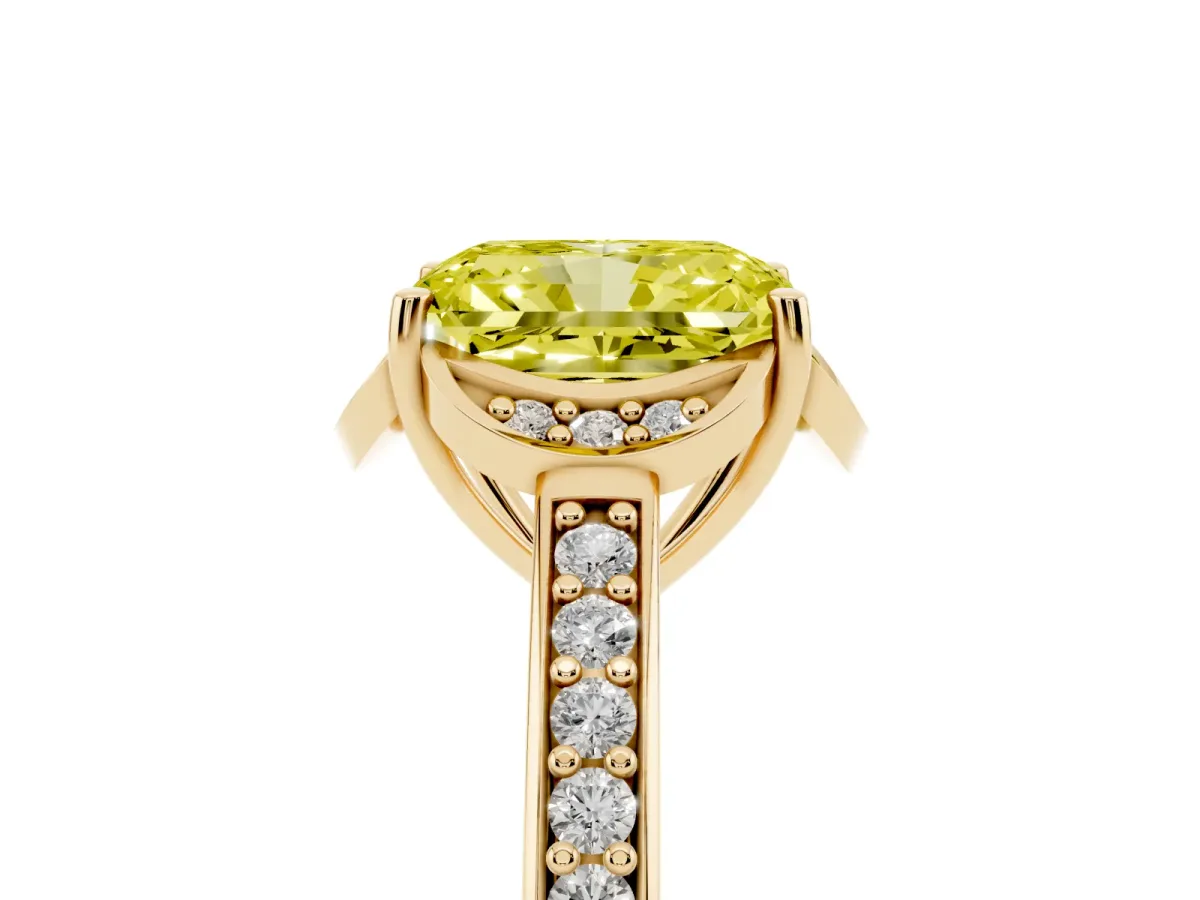 Fancy Yellow Radiant Cut Cut Halo Diamond Ring with Channel Set Band and Four-Prong Setting Yellow gold