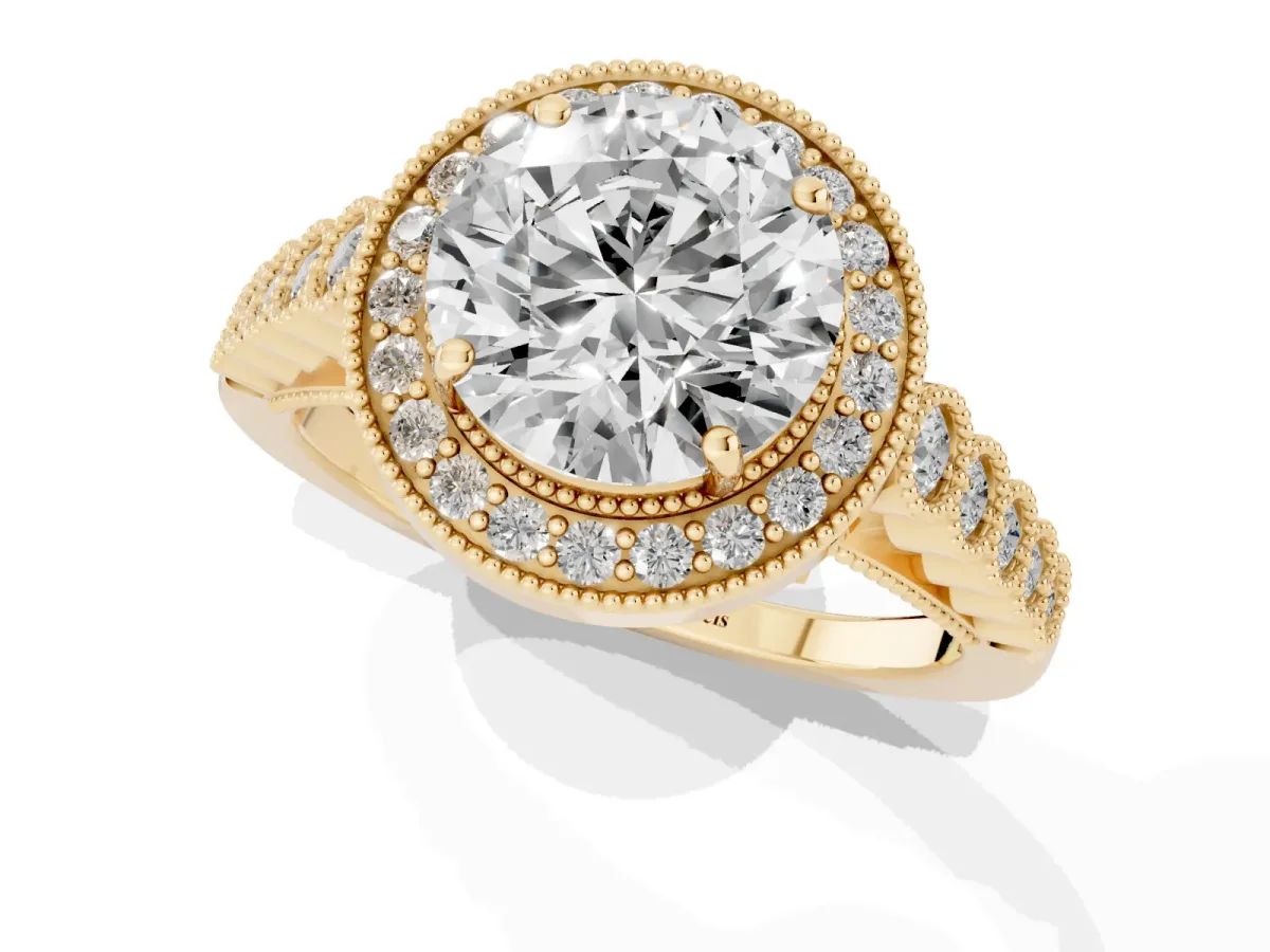 Round Cut Halo Milgrain Solitaire with Bezel Set Side Stones and Pave Band Yellow gold