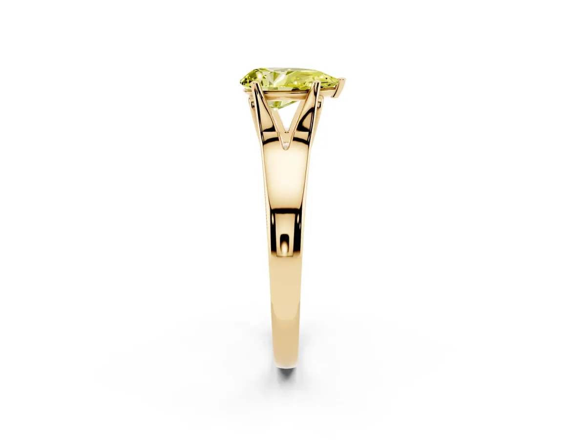 Fancy Yellow Pear Cut Solitaire Diamond Ring with Cathedral Band and Four-Prong Setting Yellow gold