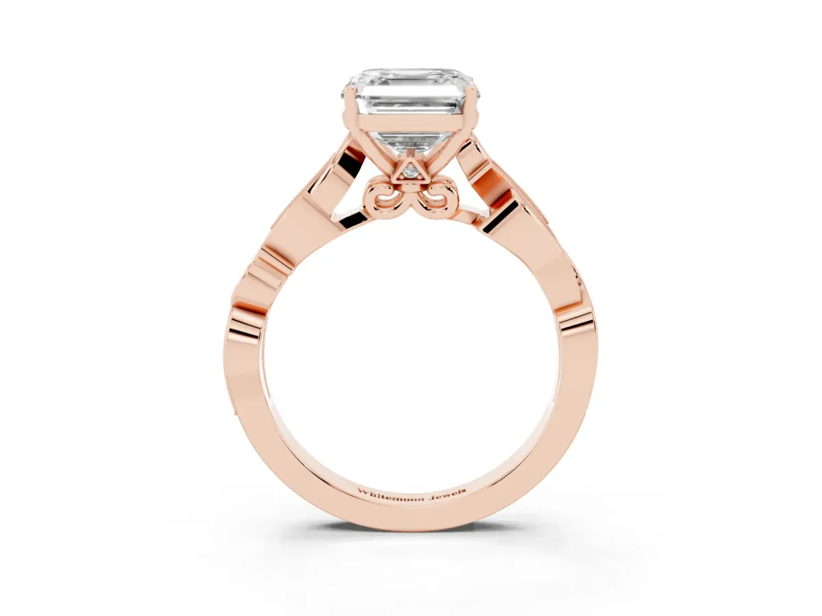 Asscher Cut Solitaire Vine Band with Milgrain Prong Setting Rose gold