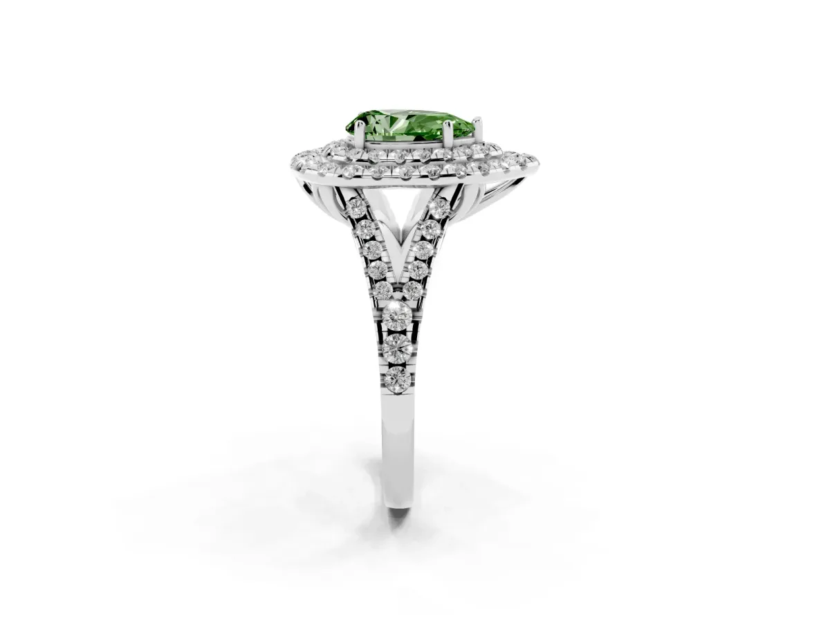 Fancy Green Double Halo Pear Cut Diamond Pavé Split Shank Ring with Prong Setting Platinum