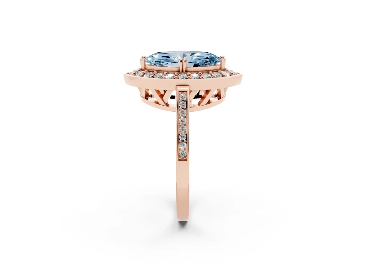 Fancy Blue Marquise Cut Diamond Halo Ring with Split Shank and Four-Prong Setting Rose gold