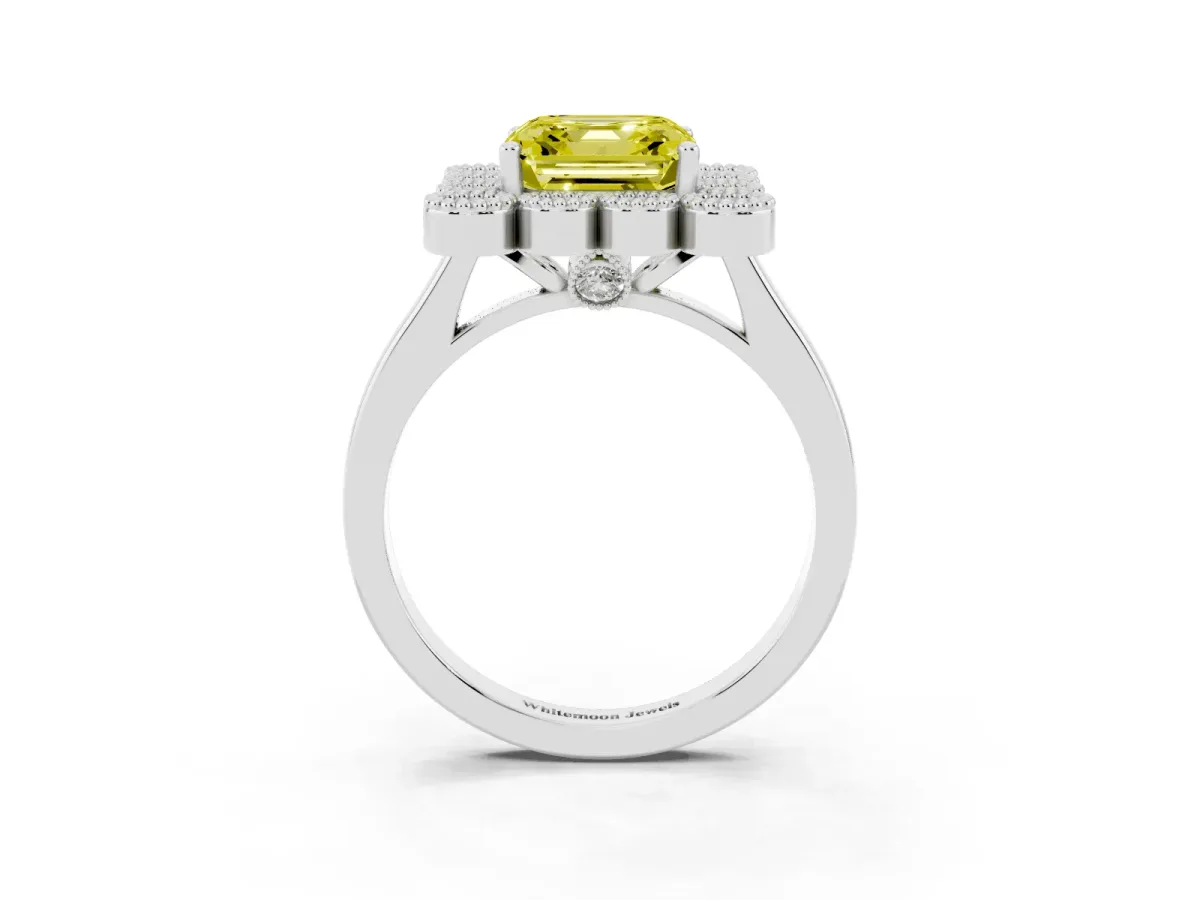 Fancy Yellow Asscher Cut Halo Diamond Cluster Engagement Ring with Milgrain Bezel Setting and Solitaire Band Silver