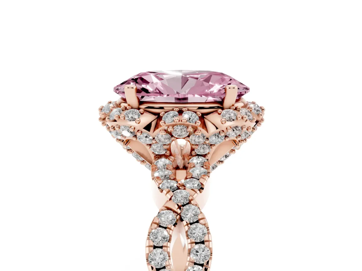 Fancy Pink Oval Cut Halo Twist Band Solitaire Ring with Six-Prong Setting Rose gold