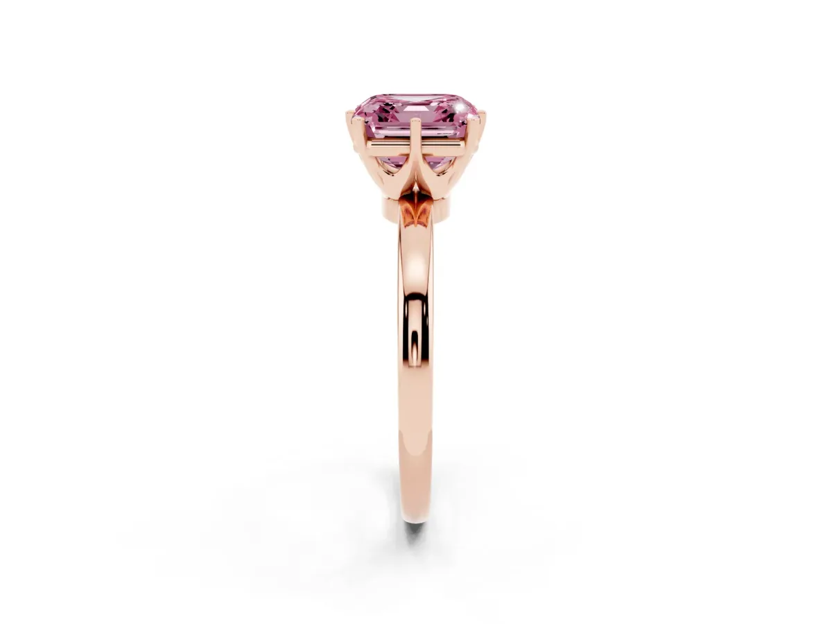Fancy Pink Asscher Cut Solitaire Diamond Ring with Six-Prong Setting on a Classic Band Rose gold