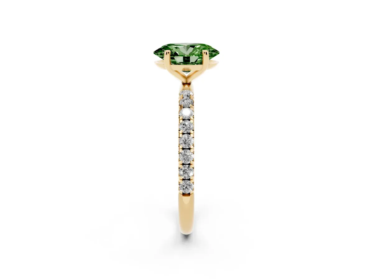 Fancy Green Oval Cut Cut Diamond Solitaire Ring with Micro Pave Band and Four Prong Setting Yellow gold