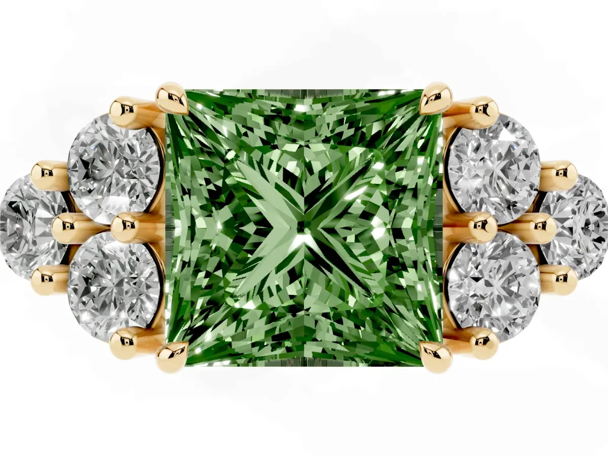 Fancy Green Princess Cut Brilliant Diamond Cluster Accent Solitaire Ring with Prong Setting Yellow gold