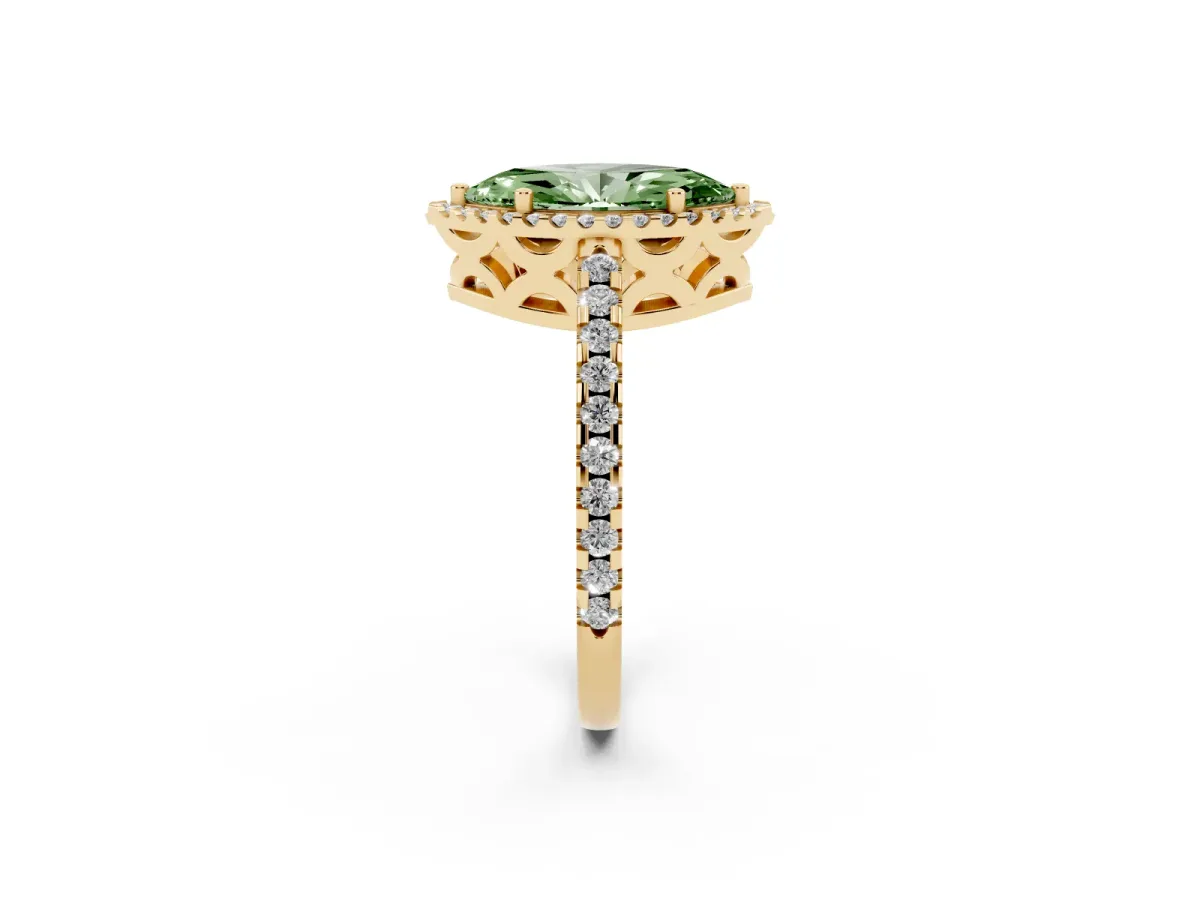 Fancy Green Marquise Cut Diamond Halo Engagement Ring with Pavé Band and Prong Setting Yellow gold