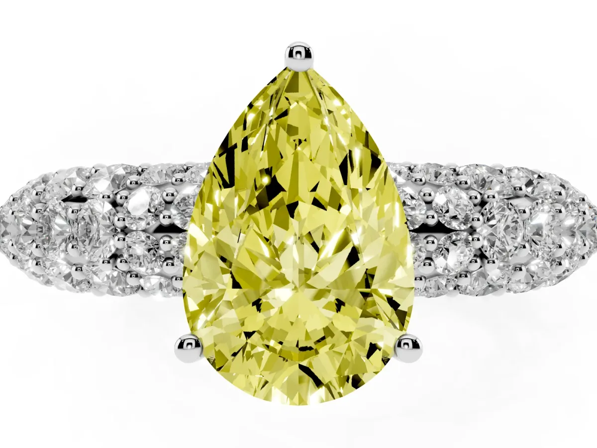 Fancy Yellow Pear Cut Diamond Pavé Band Solitaire Ring with Four-Prong Setting White gold