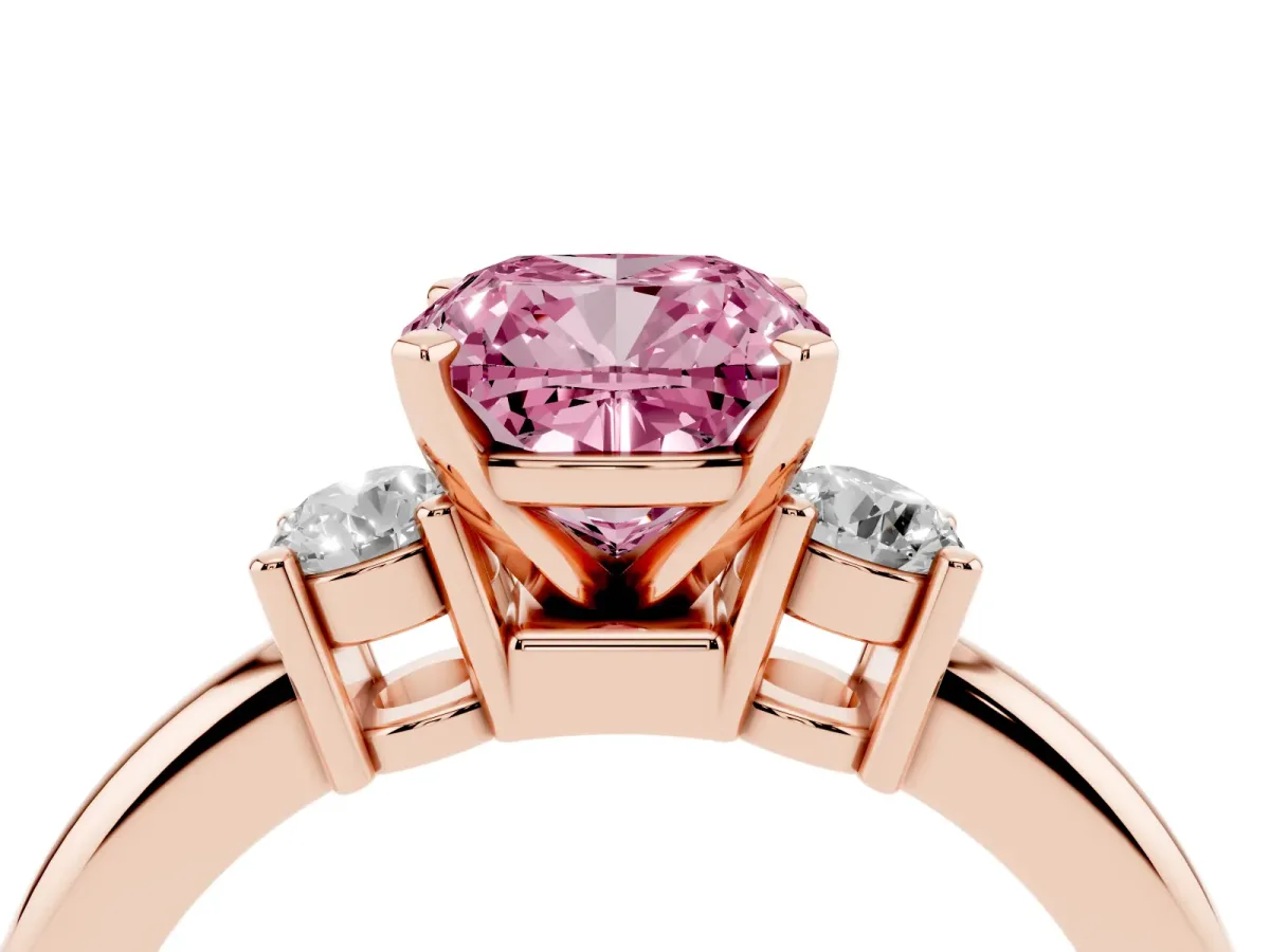 Fancy Pink Three-Stone Cushion Cut Cut Diamond Solitaire with Prong Setting and Classic Band Rose gold