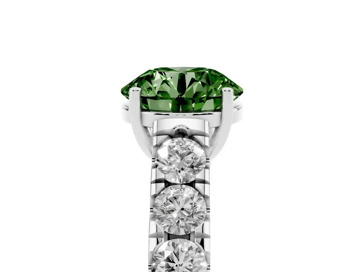 Fancy Green Round Cut Cut Diamond Solitaire Ring with Micro Pave Band and Prong Setting Silver