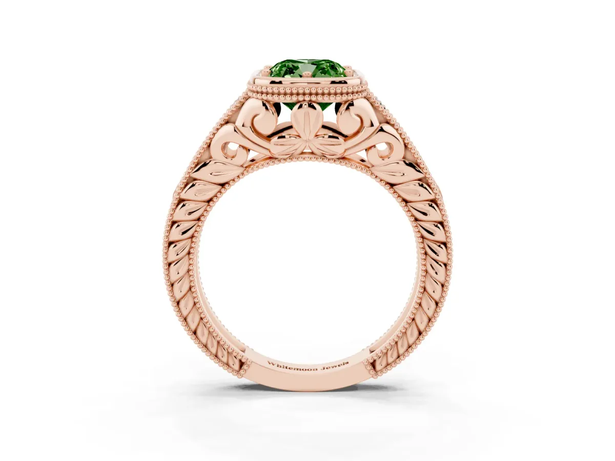 Fancy Green Bezel Set Cushion Cut Diamond Milgrain Pave Engagement Ring Rose gold