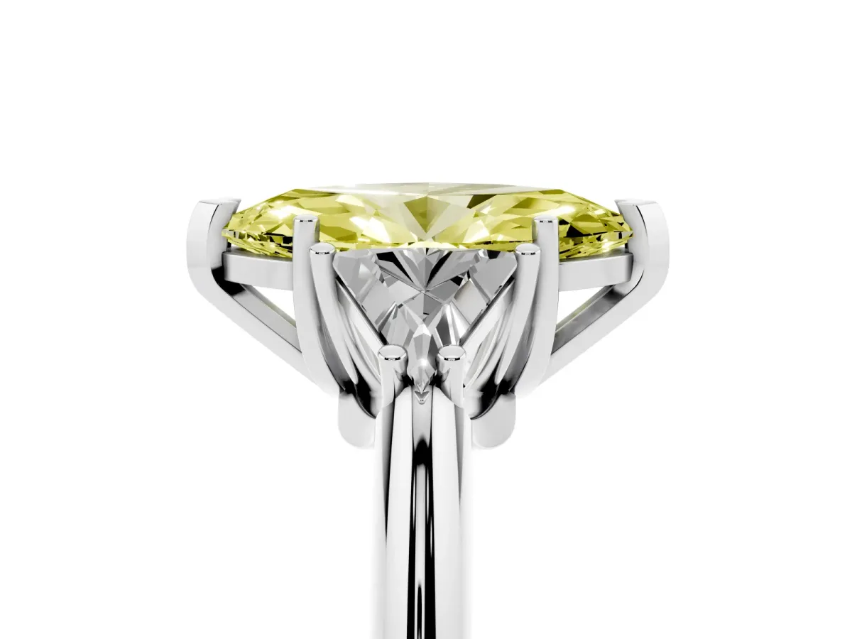 Fancy Yellow Three-Stone Marquise Cut Diamond Engagement Ring with Trillion Side Stones and Prong Setting White gold