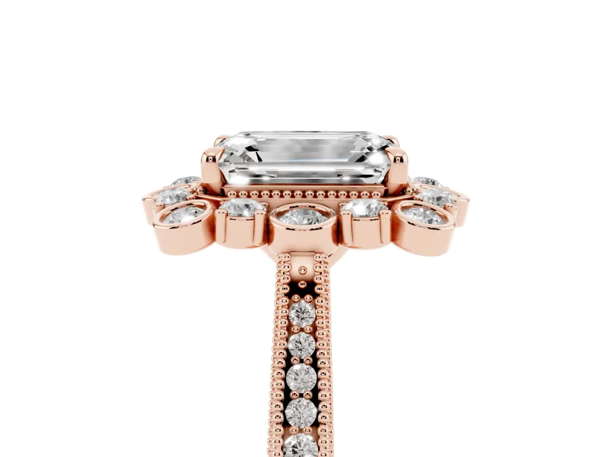 Emerald Cut Halo Milgrain Pave Diamond Ring with Four-Prong Setting Rose gold