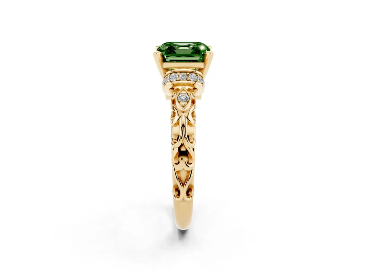 Fancy Green Asscher Cut Diamond Solitaire Ring with Filigree Band and Four-Prong Setting Yellow gold