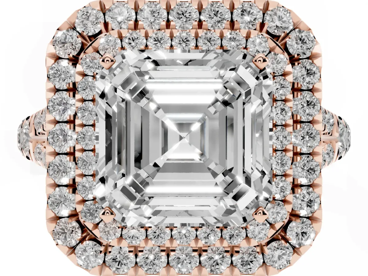 Asscher Cut Cut Double Halo Split Shank Diamond Ring with Prong Setting Rose gold