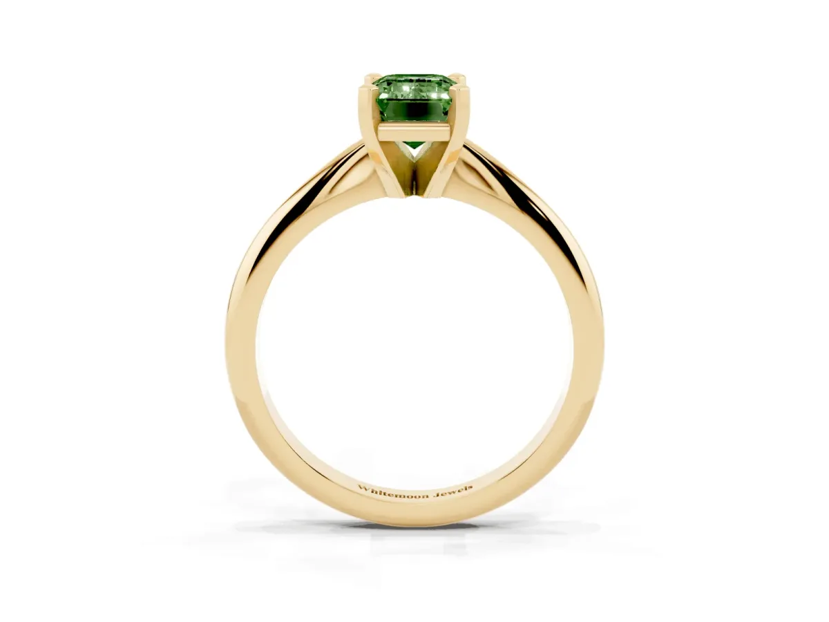 Fancy Green Emerald Cut Cut Solitaire Ring with Four-Prong Setting on a Classic Band Yellow gold