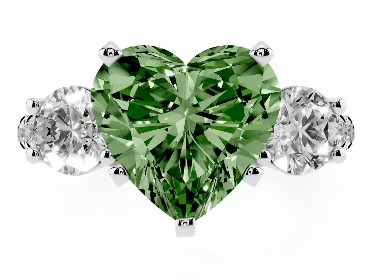 Fancy Green Three-Stone Heart Cut Diamond Pavé Band with Four-Prong Setting Silver