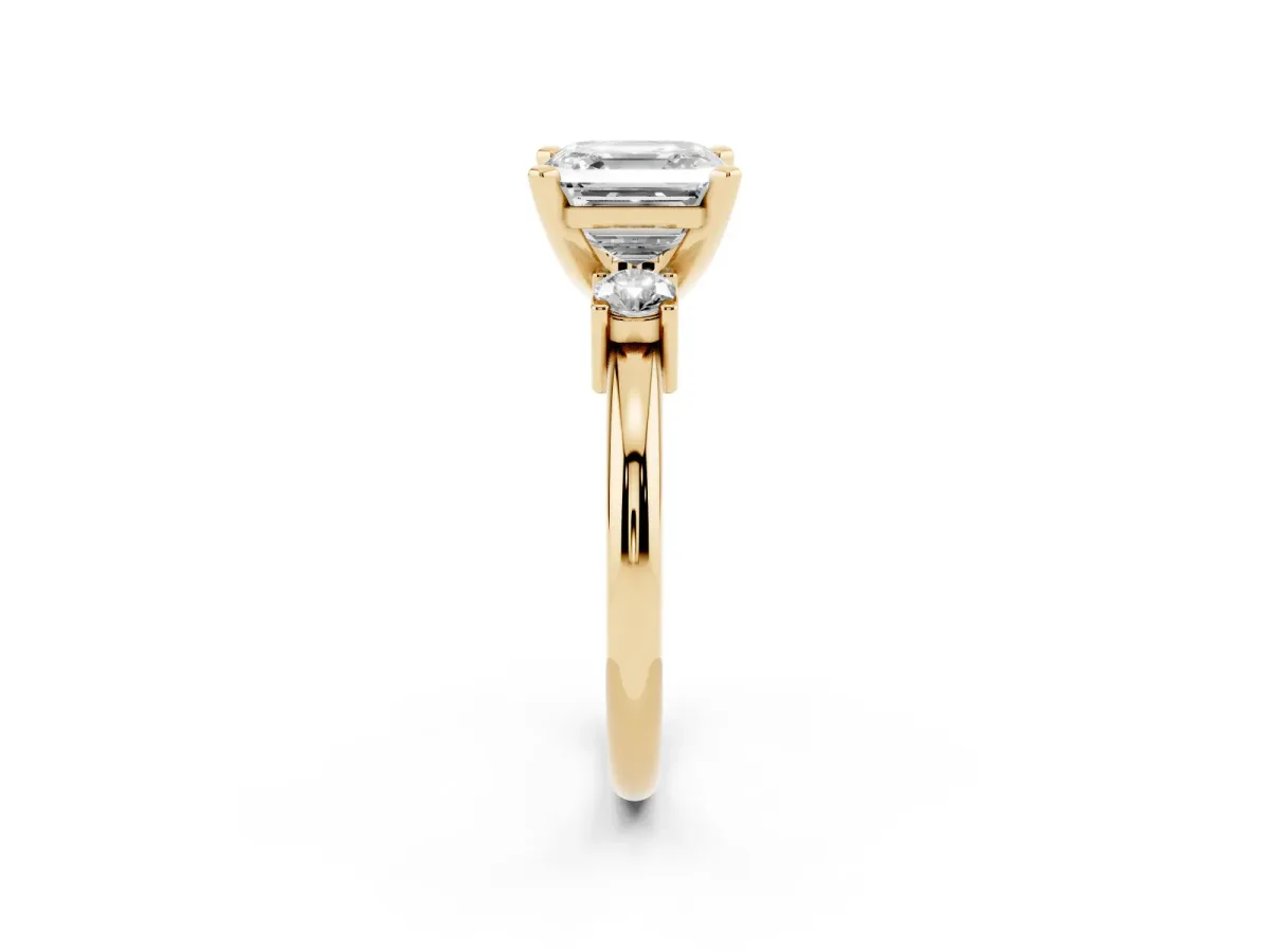 Three-Stone Asscher Cut Cut Diamond Solitaire with Prong Setting and Classic Band Yellow gold