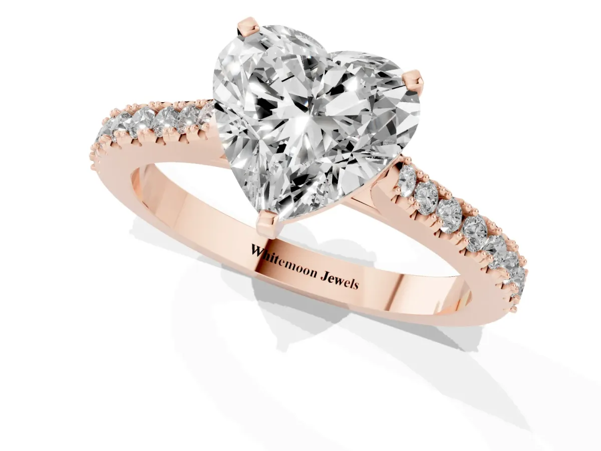 Heart Cut Cut Solitaire Diamond Engagement Ring with Pave Band and Four-Prong Setting Rose gold