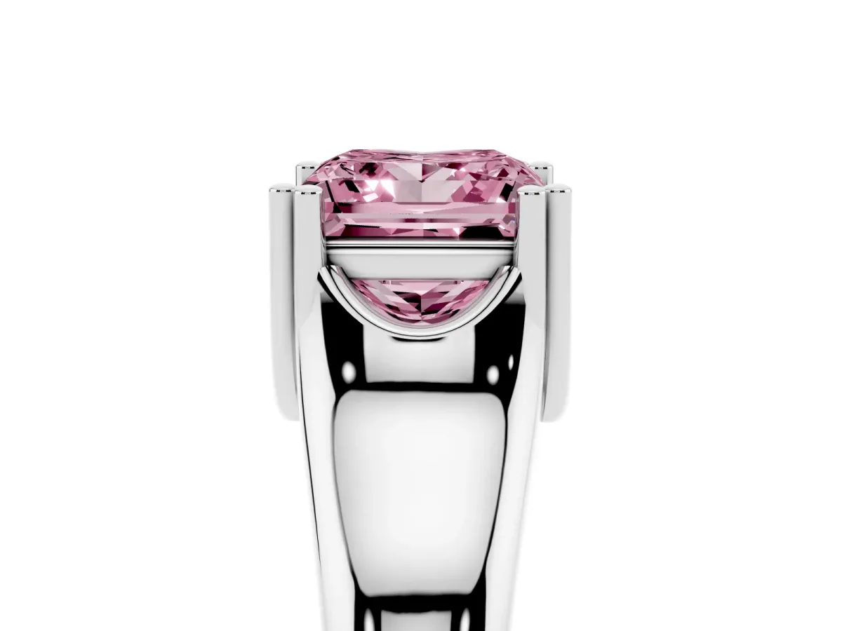 Fancy Pink Princess Cut Diamond Solitaire Ring with Wide Band and Prong Setting Silver