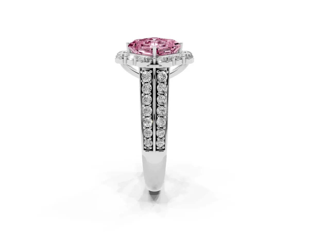 Fancy Pink Asscher Cut Halo Diamond Engagement Ring with Split Shank and Prong Setting Silver