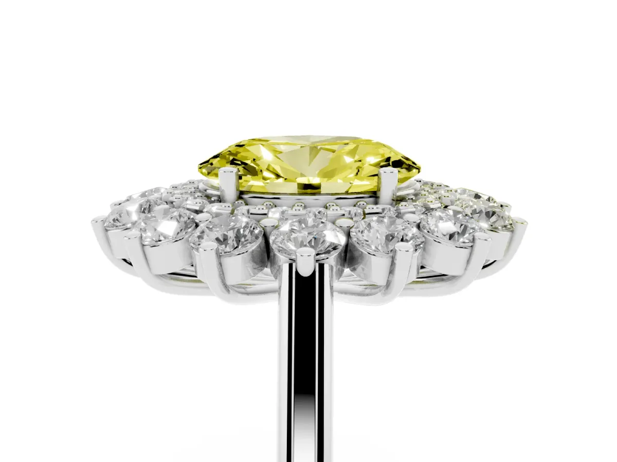 Fancy Yellow Oval Cut Diamond Floral Double Halo Engagement Ring with Prong Setting Platinum
