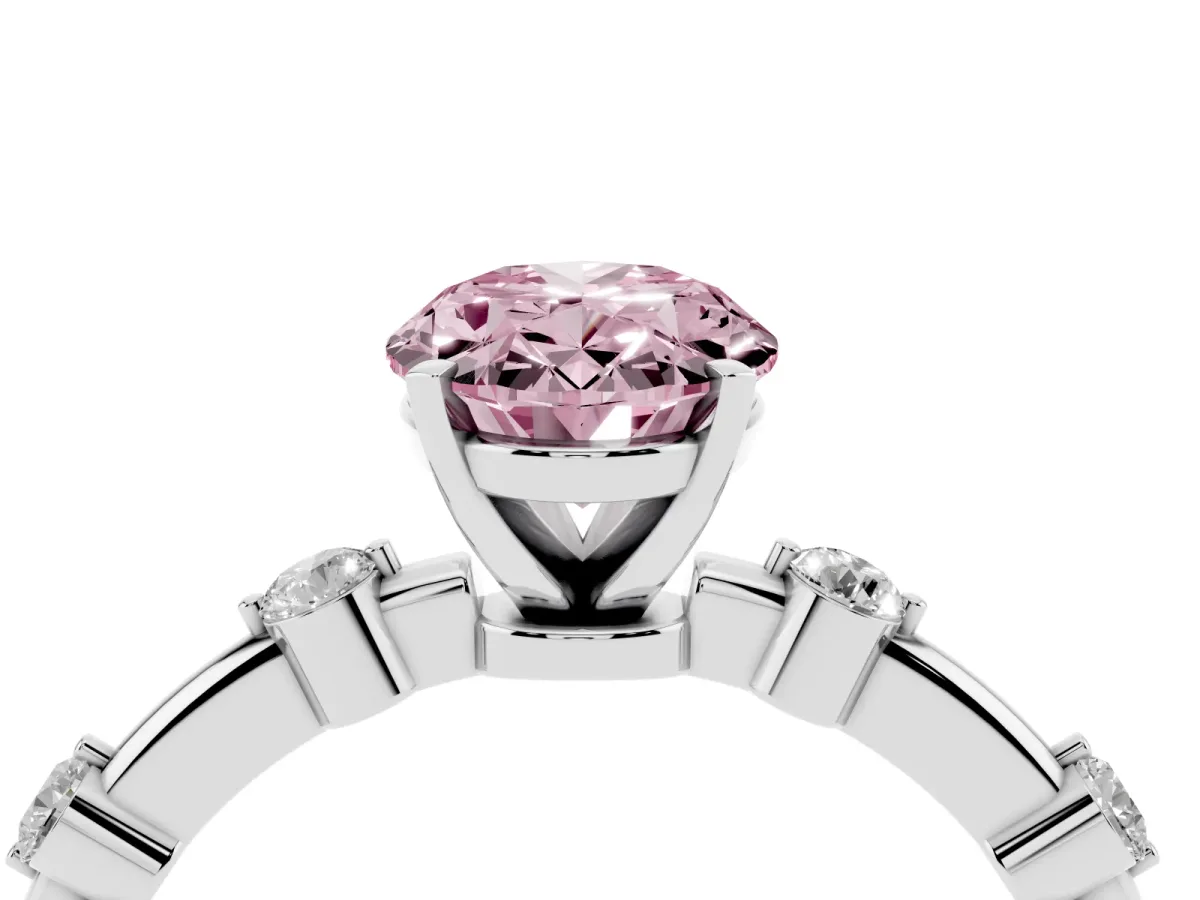 Fancy Pink Oval Cut Solitaire Diamond Ring with Bezel Set Side Stones and Prong Setting Silver