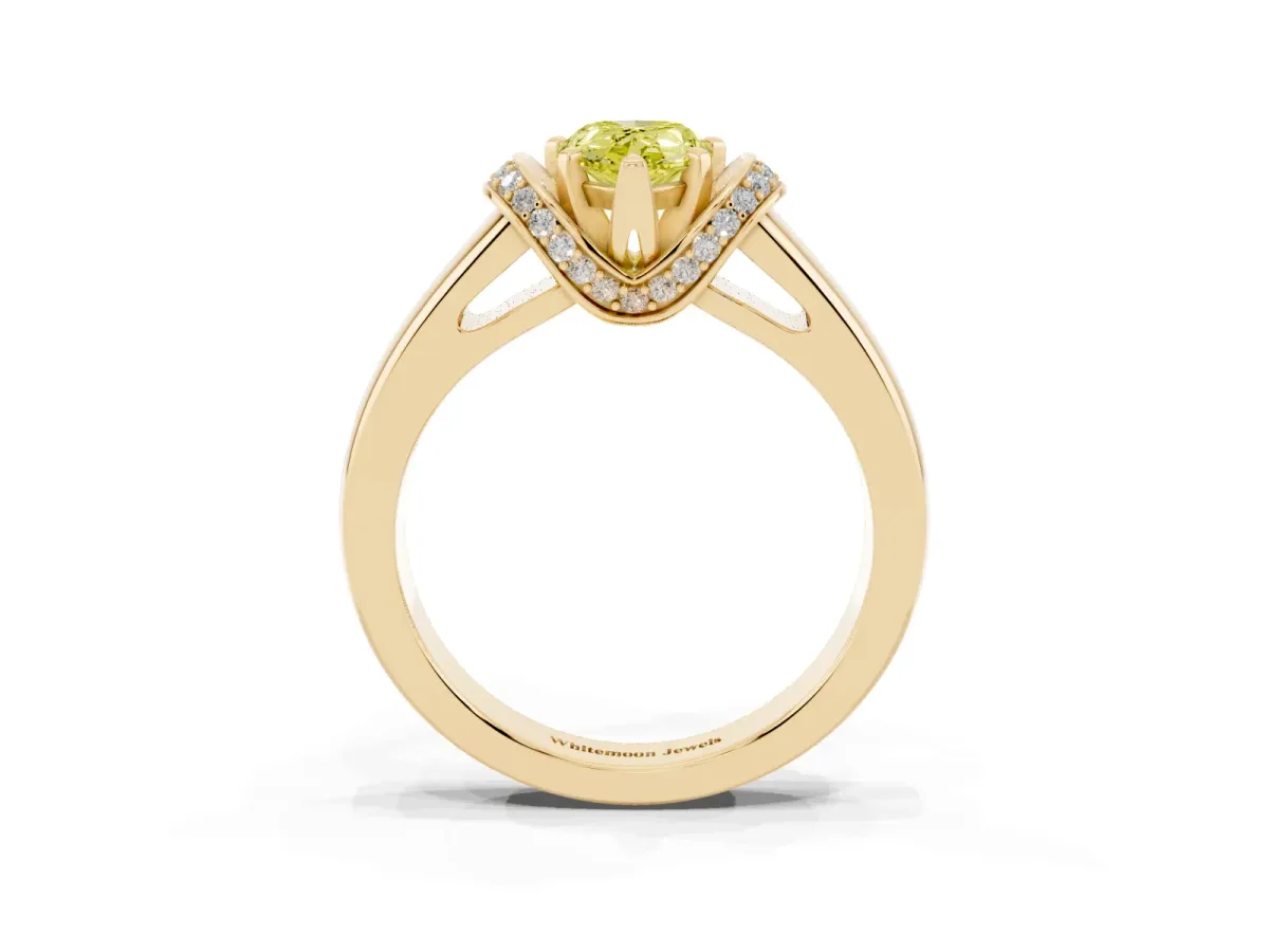 Fancy Yellow Pear Cut Solitaire Diamond Ring with Pave Band and Six-Prong Setting Yellow gold
