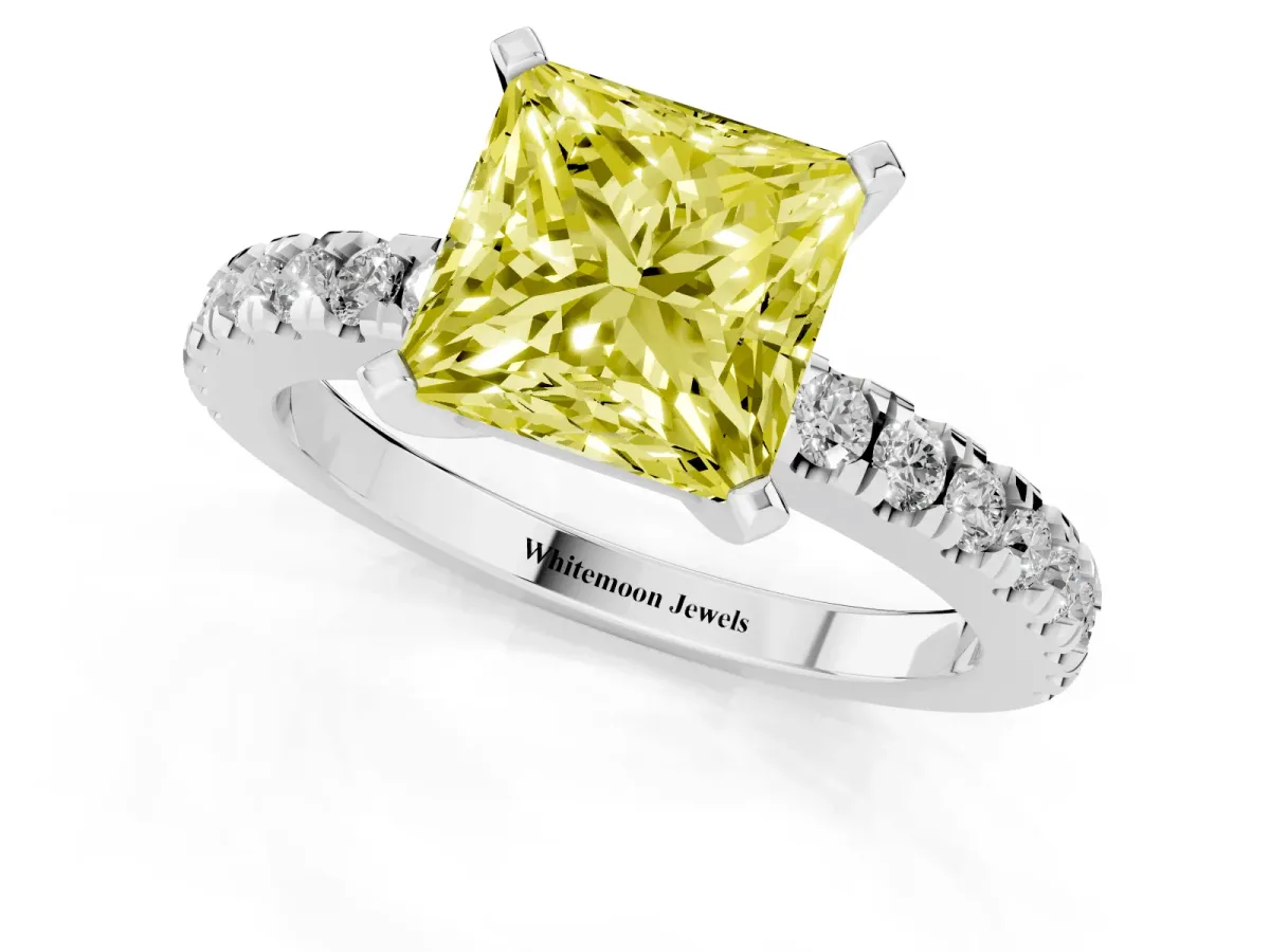 Fancy Yellow Princess Cut Solitaire Diamond with Pavé Band and Four-Prong Setting Platinum