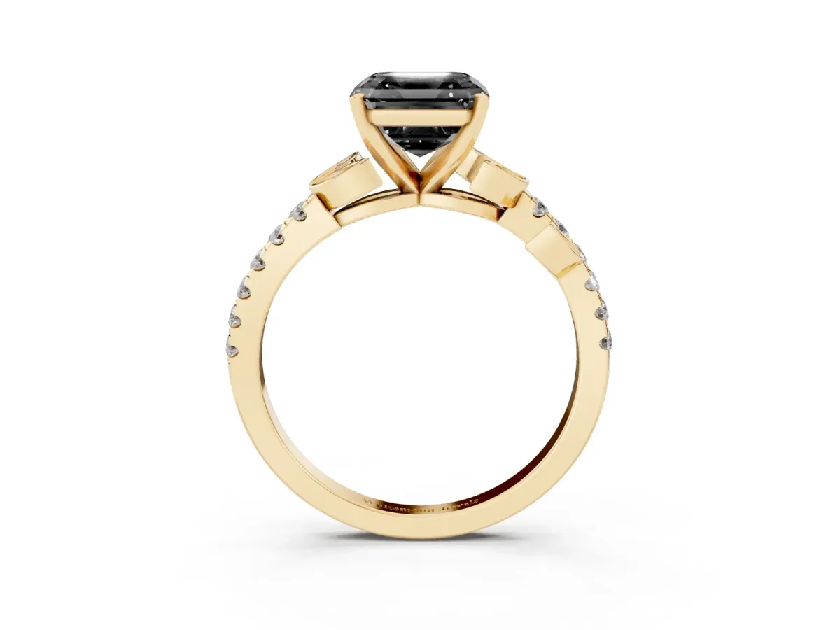 Fancy Black Asscher Cut Solitaire Leaf-Inspired Diamond Ring with Pavé Band and Four-Prong Setting Yellow gold
