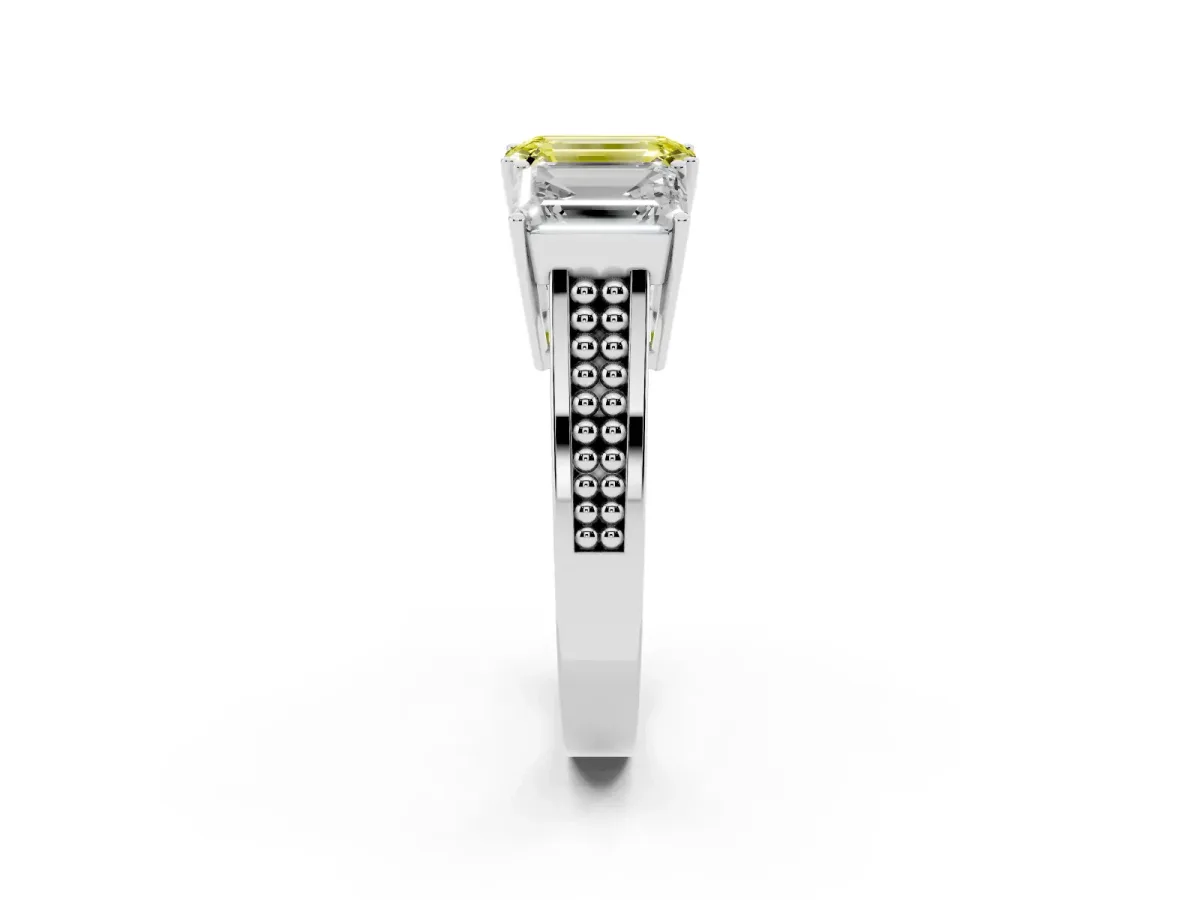 Fancy Yellow Emerald Cut Diamond Three-Stone Ring with Prong Setting and Textured Band Silver