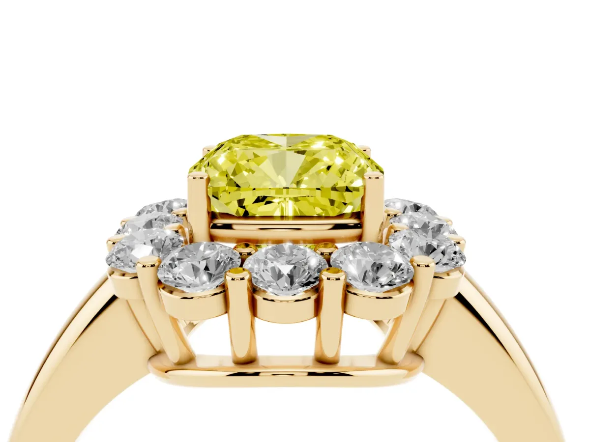 Fancy Yellow Cushion Cut Halo Cluster Diamond Engagement Ring with Prong Setting and Polished Band Yellow gold