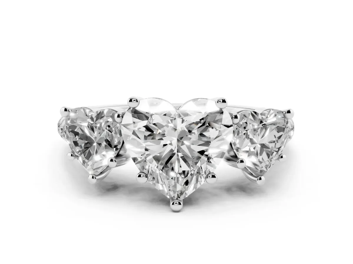 Three-Stone Heart Cut Diamond Ring with Round Pavé Band and Prong Setting Silver