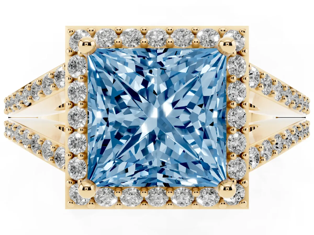 Fancy Blue Princess Cut Halo Split Shank Diamond Ring with Prong Setting Yellow gold