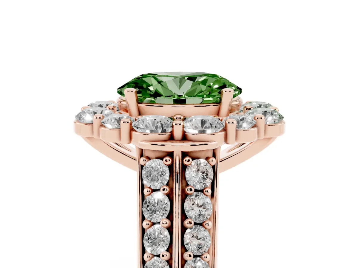 Fancy Green Oval Cut Halo Diamond Engagement Ring with Split Shank and Prong Setting Rose gold