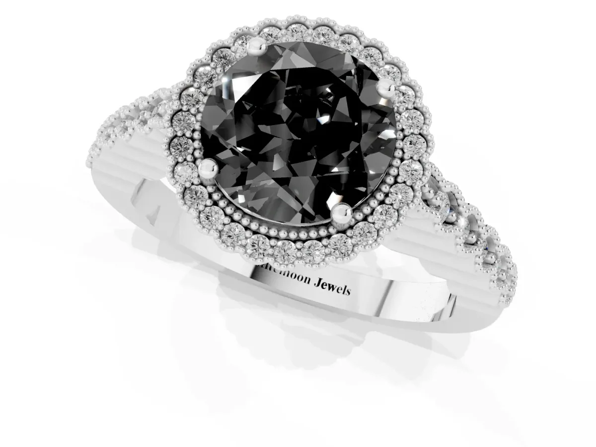Fancy Black Round Cut Cut Halo Pavé Solitaire Ring with Milgrain Band White gold