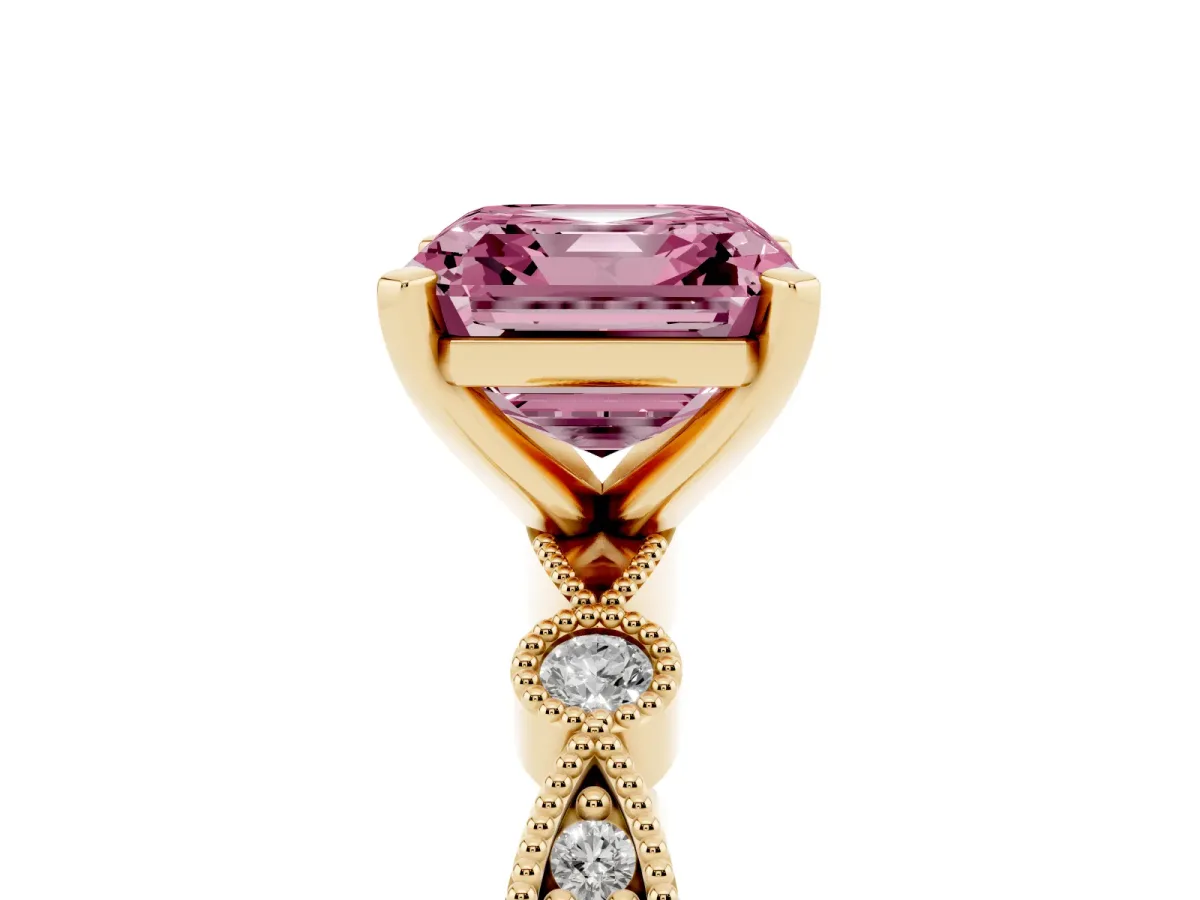Fancy Pink Asscher Cut Milgrain Bezel Diamond Engagement Ring with Solitaire Prong Setting Yellow gold