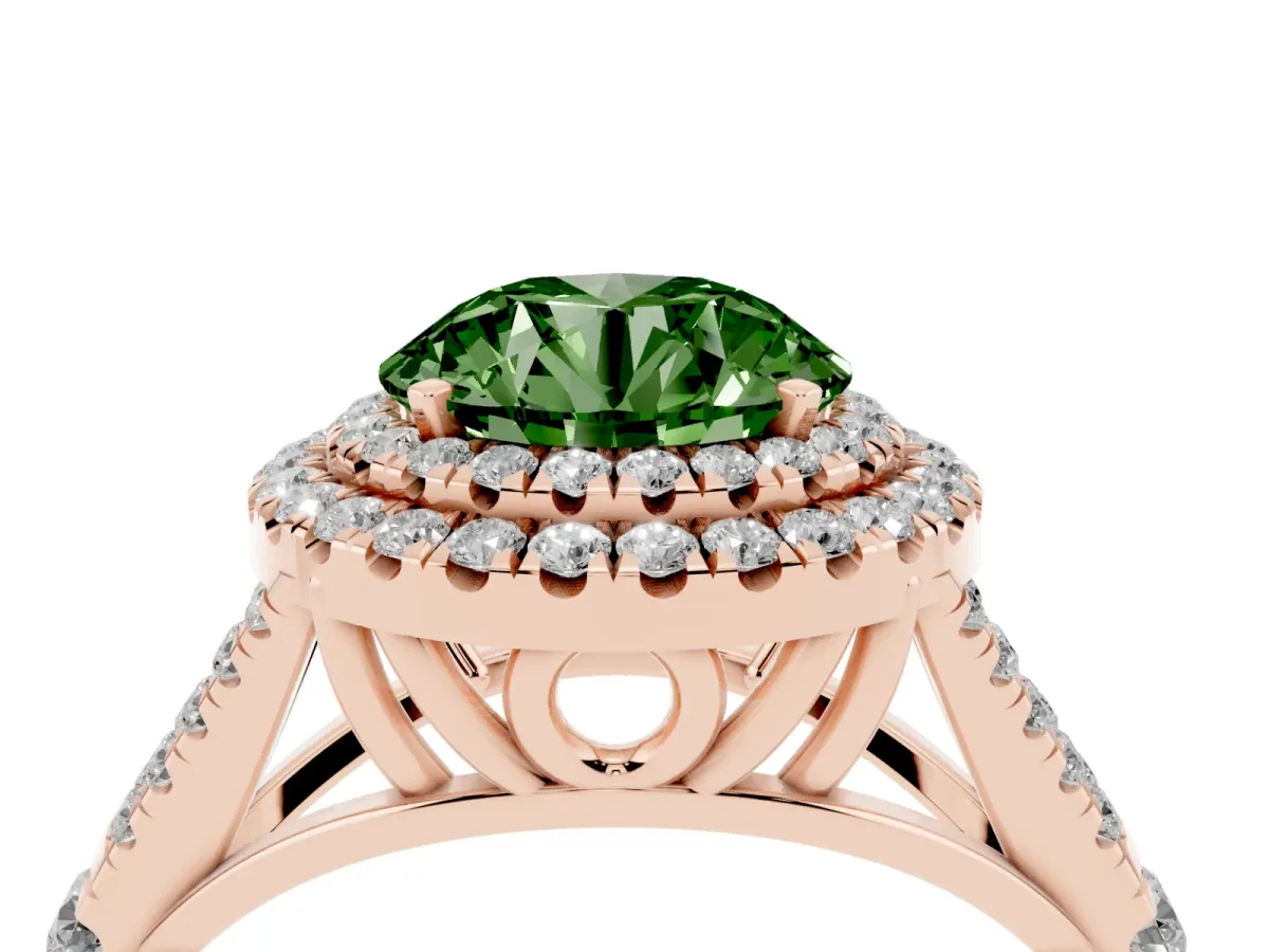 Fancy Green Double Halo Round Cut Diamond Split Shank Engagement Ring with Four-Prong Setting Rose gold